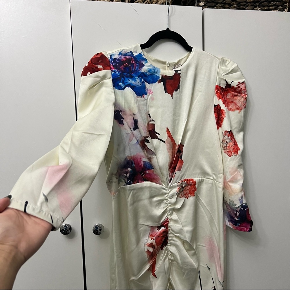 Off-White Cream Floral Watercolored Ruched Modest Midi Long-Sleeve Formal Dress
